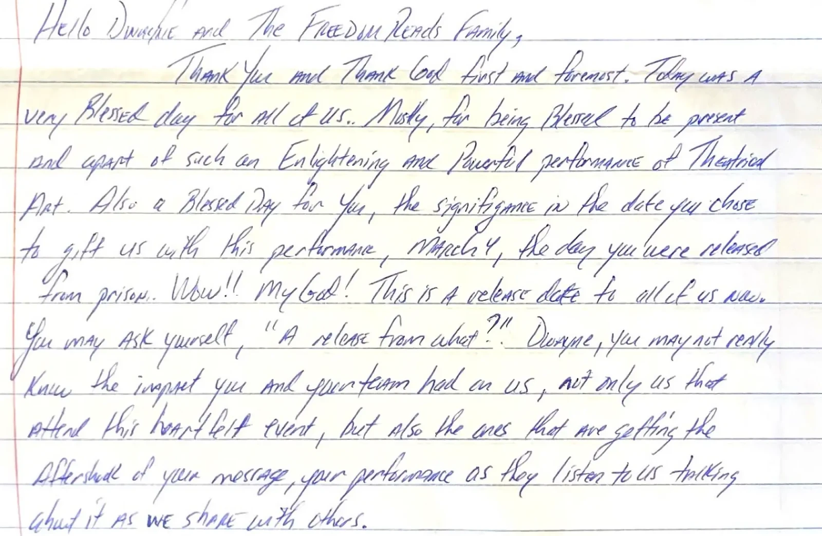 Carl, a Freedom Library Patron at Buckingham Correctional Facility (BCF) in Virginia, shares his reaction to Freedom Reads Founder & CEO Reginald Dwayne Betts' March 4th performance at BCF in an excerpted handwritten letter, saying, "My God! This is A release date to all of us now."