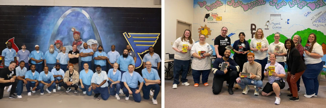 Two group photos, the left photo features more than 20 men in blue prison uniforms and several members of the Freedom Reads team in black t-shirts, the right photo features 7 women in white prison uniforms with four members of the Freedom Reads team and two members of the Illinois Department of Corrections.