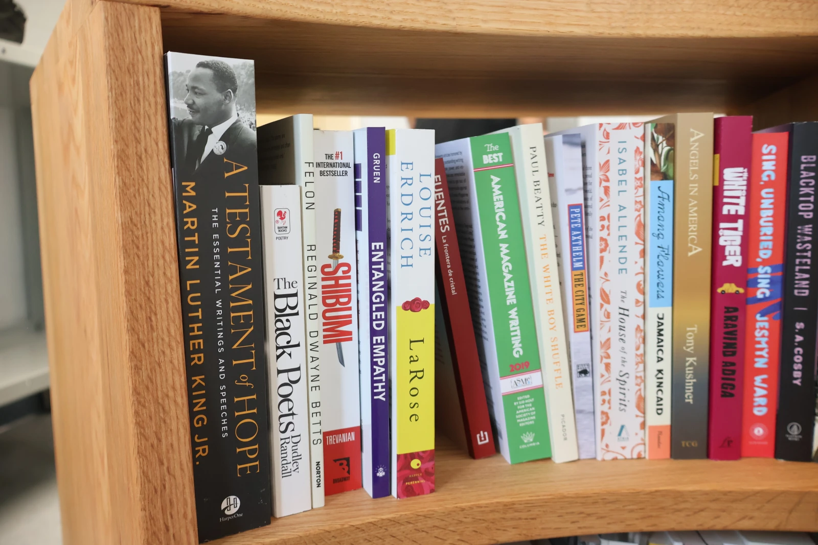 Close up of books on a Freedom Library shelf at Gloria McDonald Women's Facility in Rhode Island.