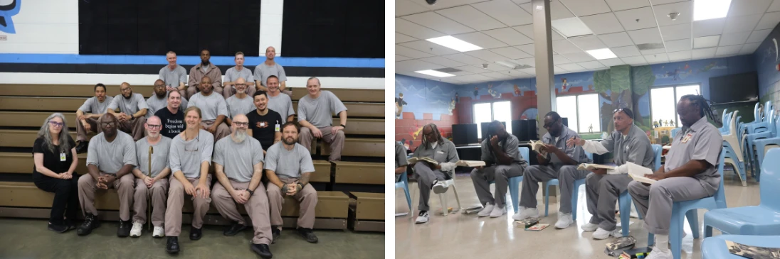 Left: Inside Literary Prize judges and members of the Freedom Reads team sit and pose for a group photo at Nash Correctional Institution in North Carolina. Right: Inside Literary Prize judges in Missouri sit in a circle to discuss the four shortlisted books for the inaugural Prize.