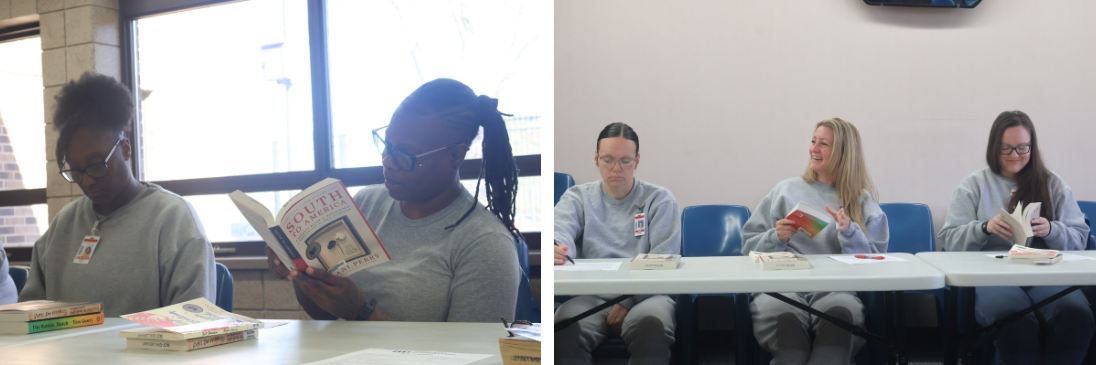 Two images. On the left, two woman inside Minnesota Correctional Facility at Shakopee read from the book South to America: A Journey Below the Mason-Dixon to Understand the Soul of a Nation. On the right, three women sit in a row and discuss the books shortlisted for the inaugural Inside Literary Prize.