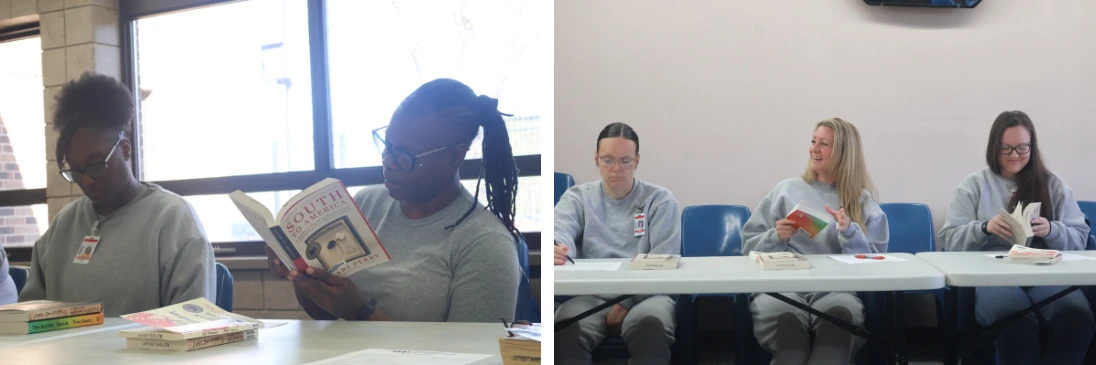 Two images. On the left, two woman inside Minnesota Correctional Facility at Shakopee read from the book South to America: A Journey Below the Mason-Dixon to Understand the Soul of a Nation. On the right, three women sit in a row and discuss the books shortlisted for the inaugural Inside Literary Prize.